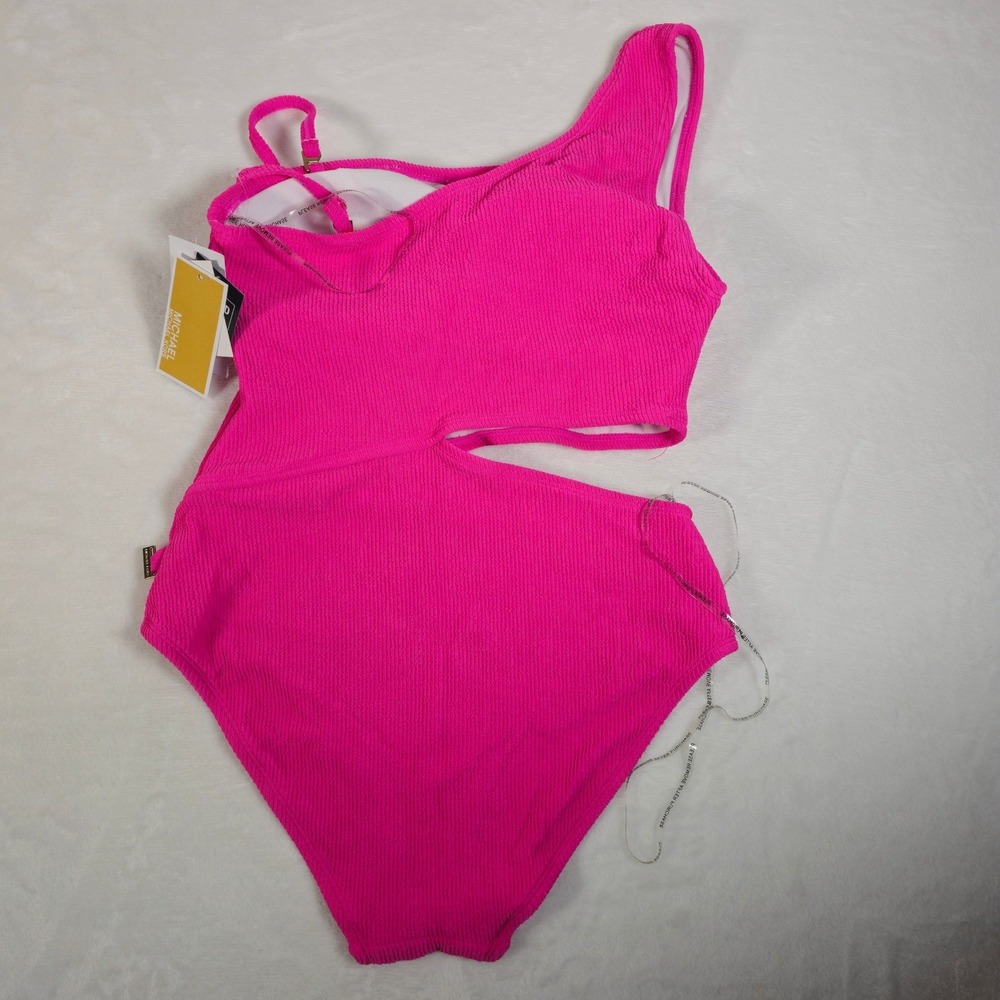 MICHAEL Michael Kors Ribbed One Shoulder Cutout One Piece Swimsuit Cerise SZ 10 - Picture 4 of 7
